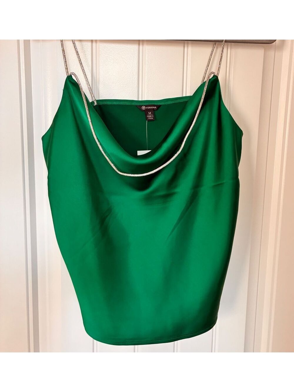 Versona Green Satin Cowl Neck Camisole Top with Silver Straps, Size M
